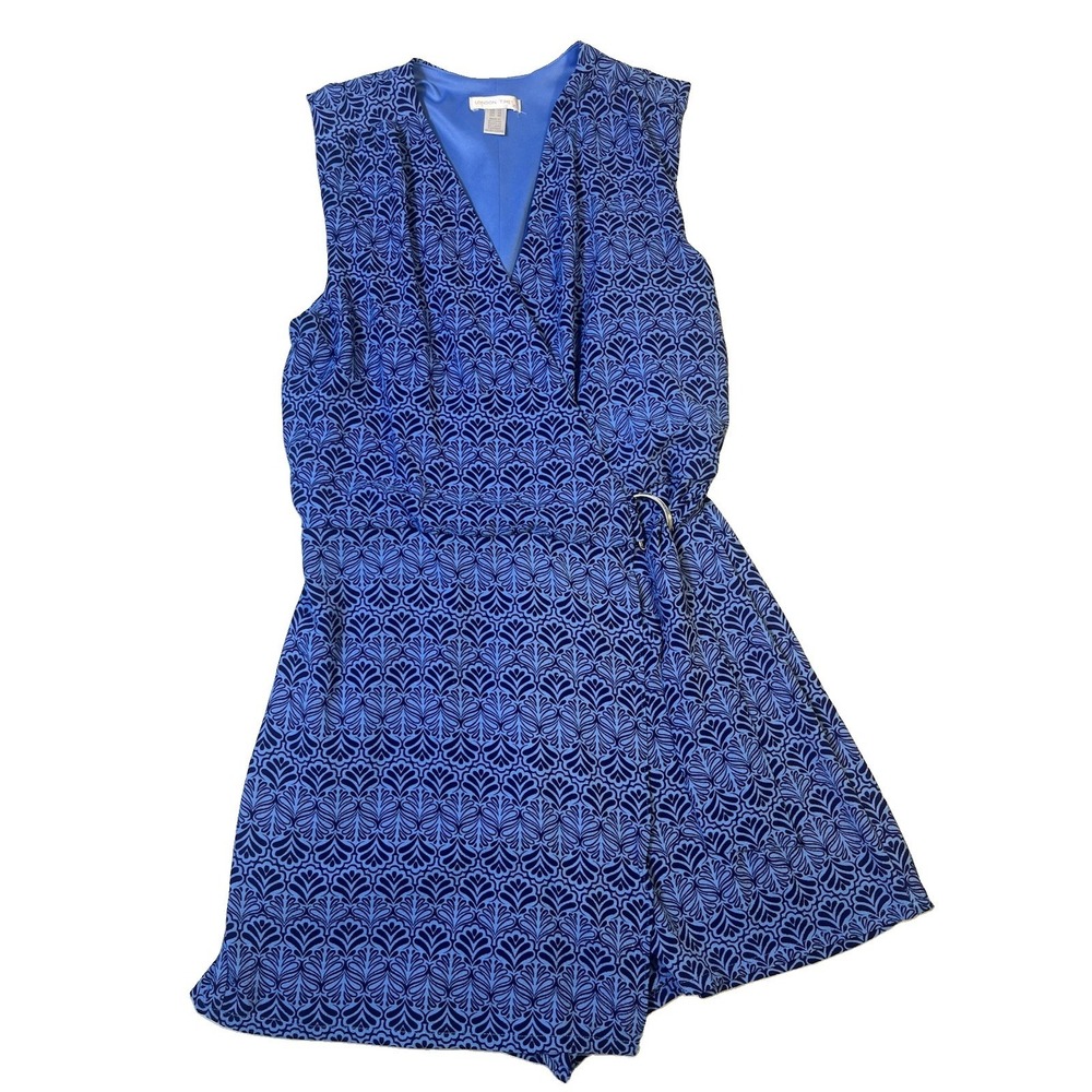 London Times‎ Romper Womens 14 Blue Faux Wrap Sleeveless Tie Waist Lined Print